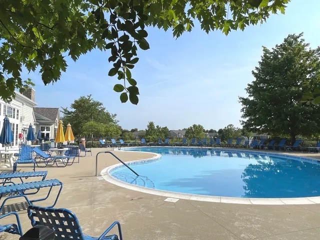 a view of a swimming pool with outdoor seating and plants