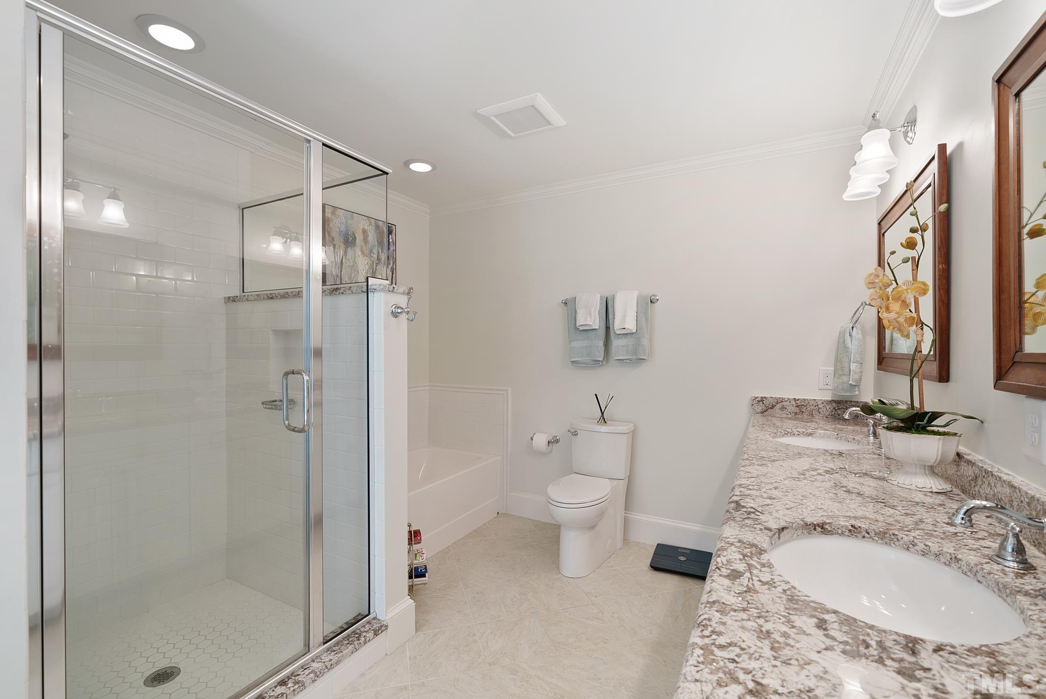 204 Queensferry Road Cary, NC 27511 - Photo 19 of 41 a bathroom with a granite countertop sink toilet and shower