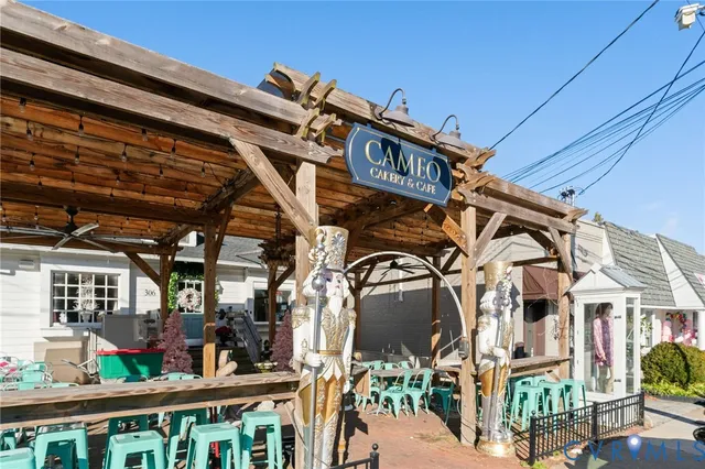 a view of a street with sitting area