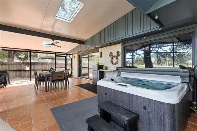 an outdoor space with furniture