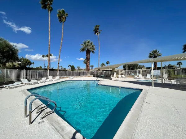 a view of a swimming pool with a lounge chair and potted plants