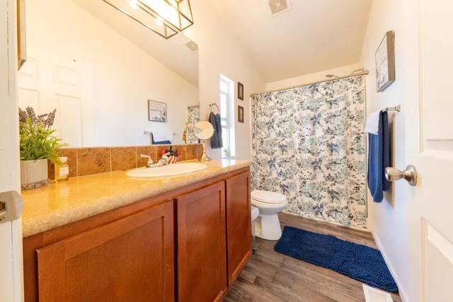 a bathroom with a granite countertop sink toilet and shower