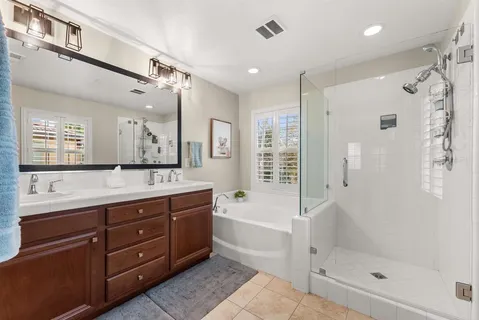 a bathroom with a tub a sink shower and mirror