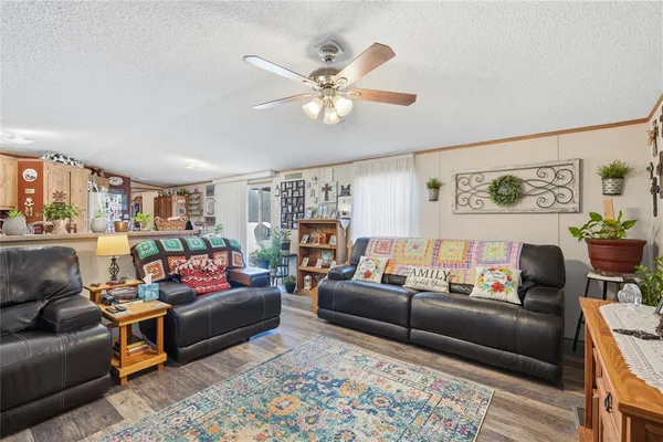 a living room with furniture ceiling fan and a rug