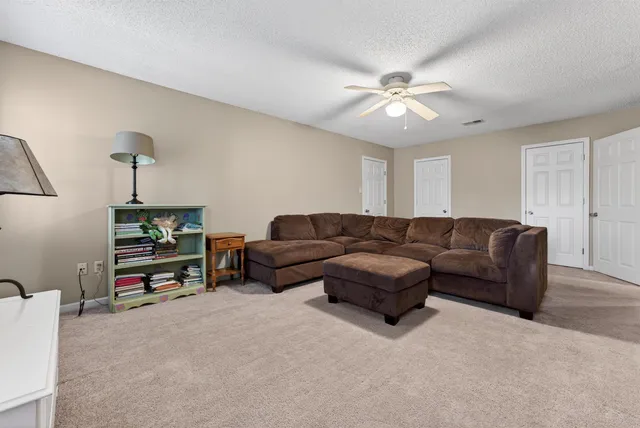 a living room with furniture a ceiling fan and a rug