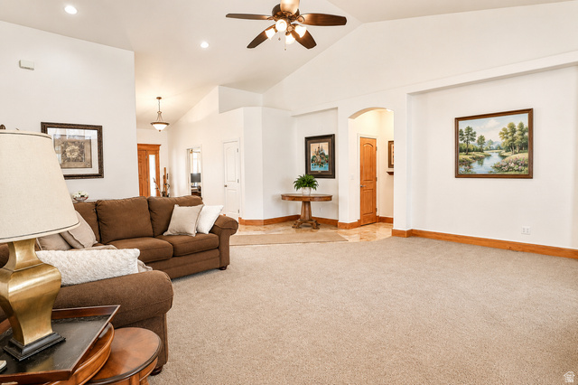 1055 North 1000 East Mapleton, UT 84664 - Photo 22 of 112 Spacious living area featuring vaulted ceilings, recessed lighting, and a ceiling fan