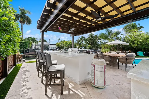 a patio with an outdoor seating