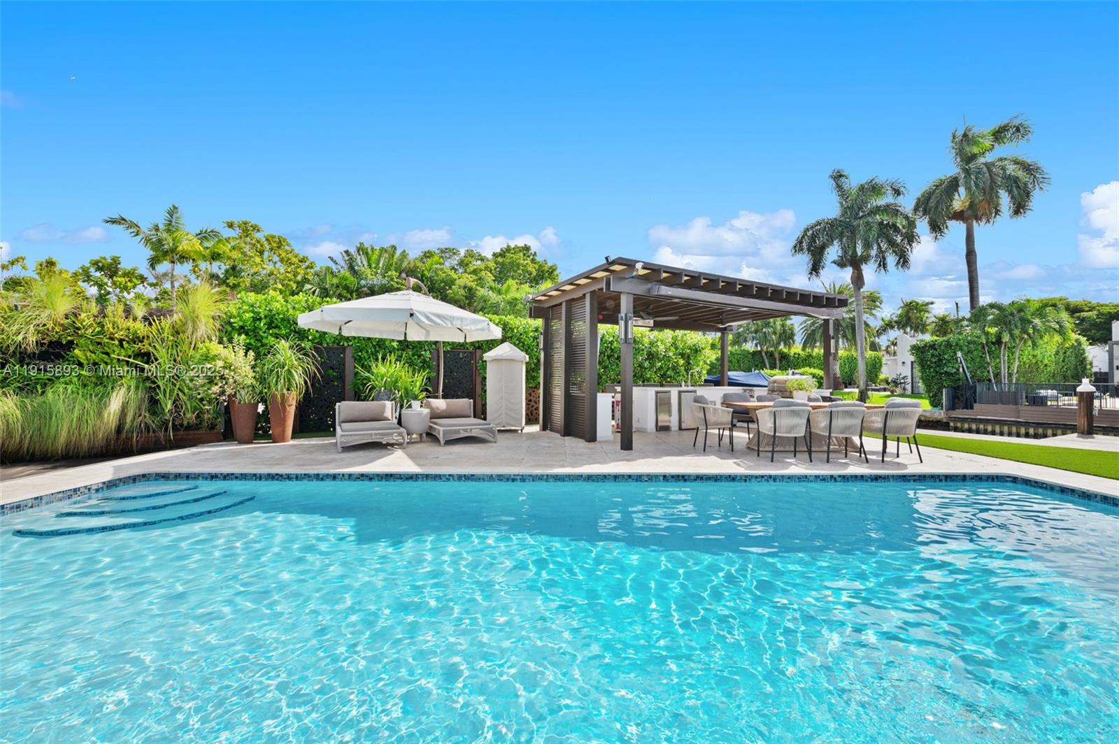 1792 Cleveland Road Miami Beach, FL 33141 - Photo 30 of 39 a view of a swimming pool with a table and chairs under an umbrella