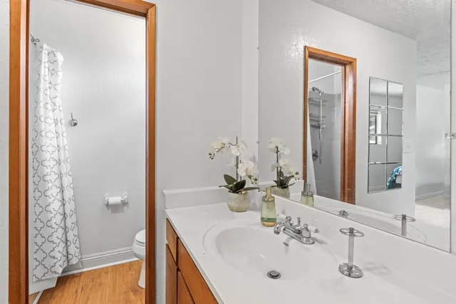 a bathroom with a bathtub shower sink vanity and toilet