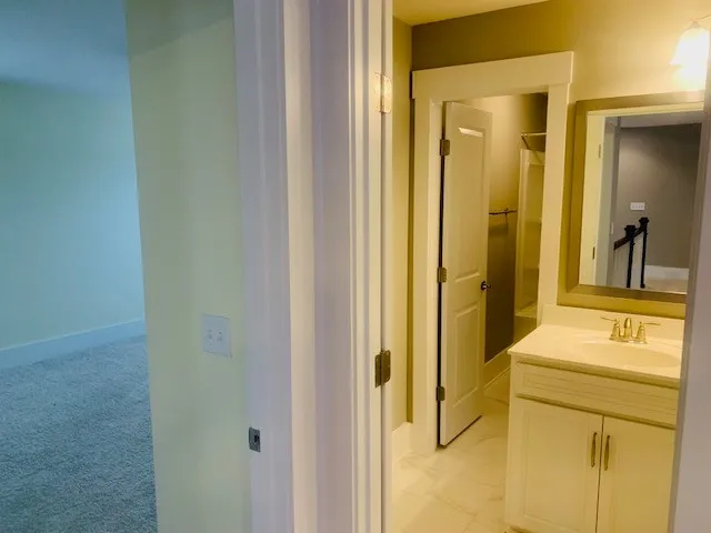 a bathroom with a sink and a mirror