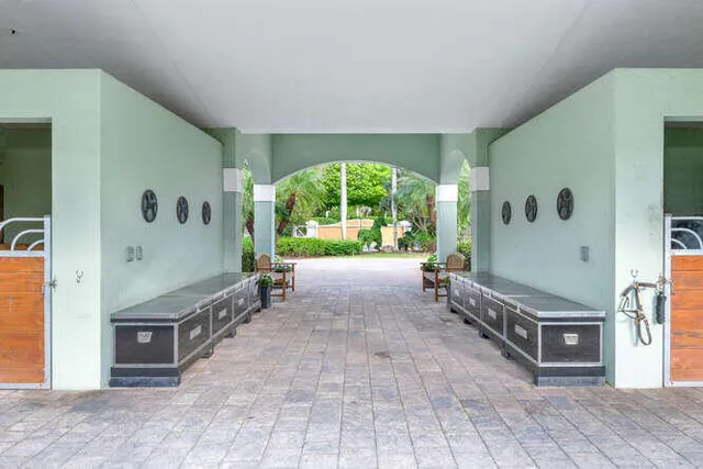 an aerial view of residential houses with outdoor space and trees