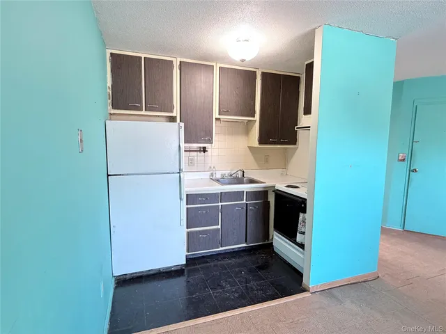 a kitchen with a refrigerator and a sink