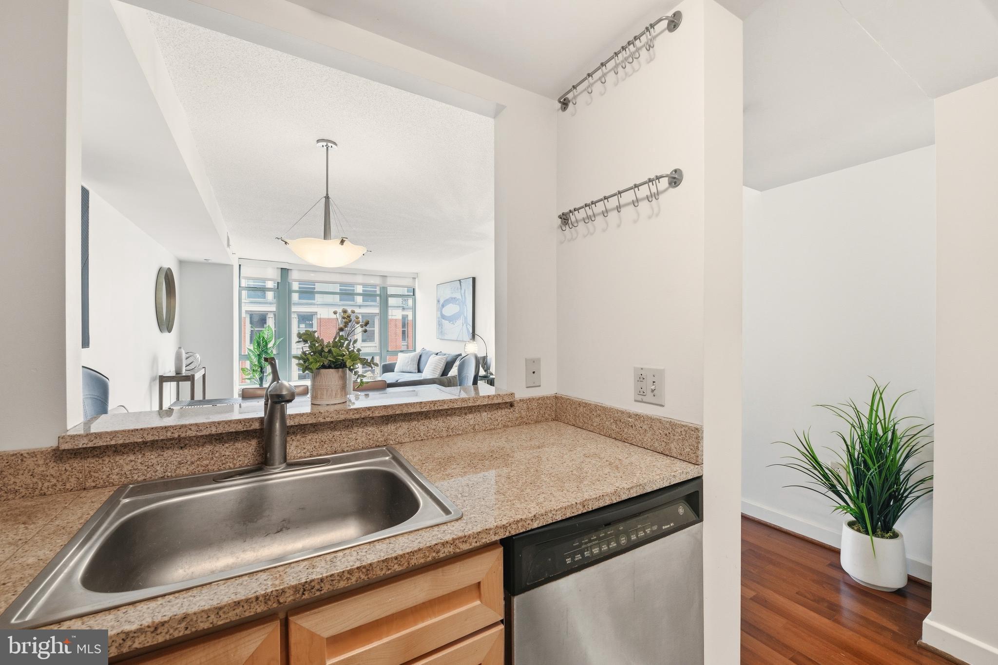 1150 K Street Northwest, Unit 1109 Washington, DC 20005 - Photo 9 of 33 a kitchen with a sink a counter and a potted plant