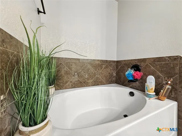 a bathroom with a bathtub and a potted plant
