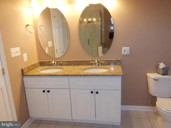 a bathroom with double vanity sinks and a mirror