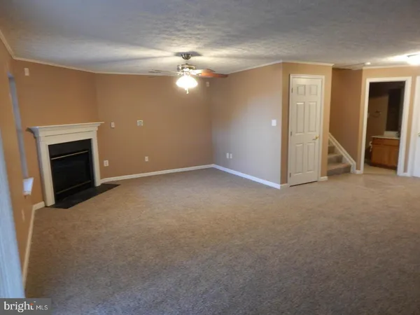 a view of empty room with window and fireplace
