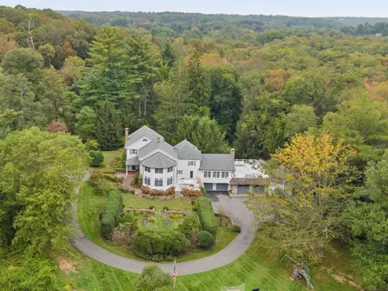 an aerial view of residential houses with outdoor space and trees