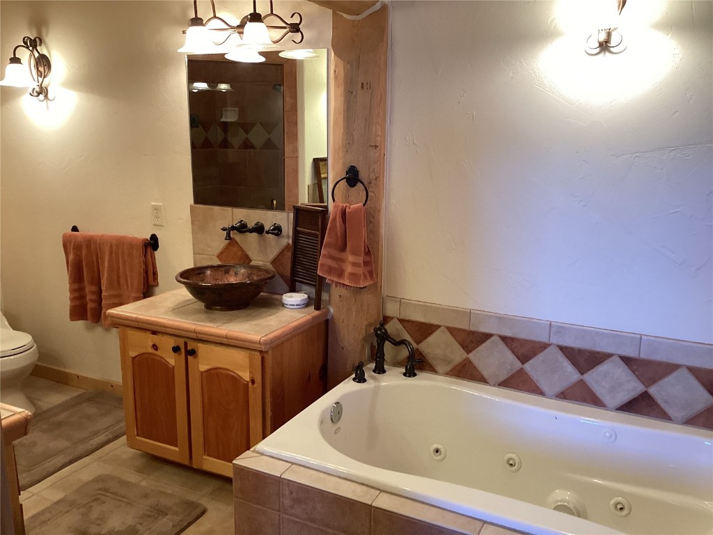 9073 54 7/10 Road Molina, CO 81646 - Photo 25 of 38 Full bathroom featuring vanity, a tub with jets, light tile patterned floors, and a shower