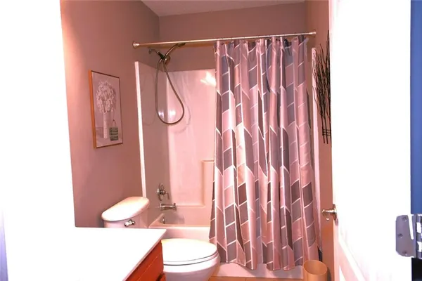 a bathroom with a sink a toilet and shower curtain