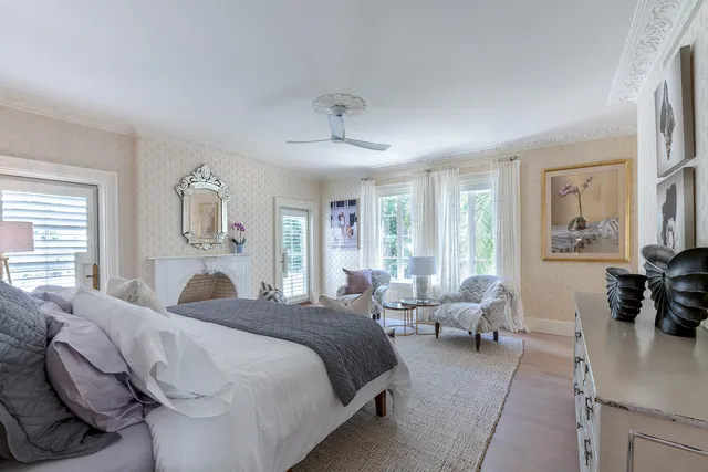 a spacious bedroom with a bed and glass window