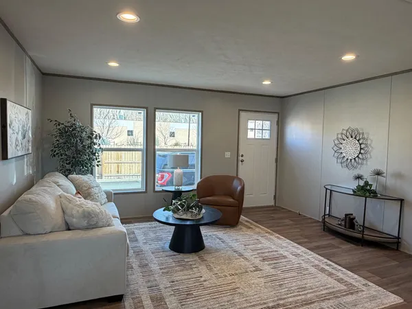 a living room with furniture rug and window