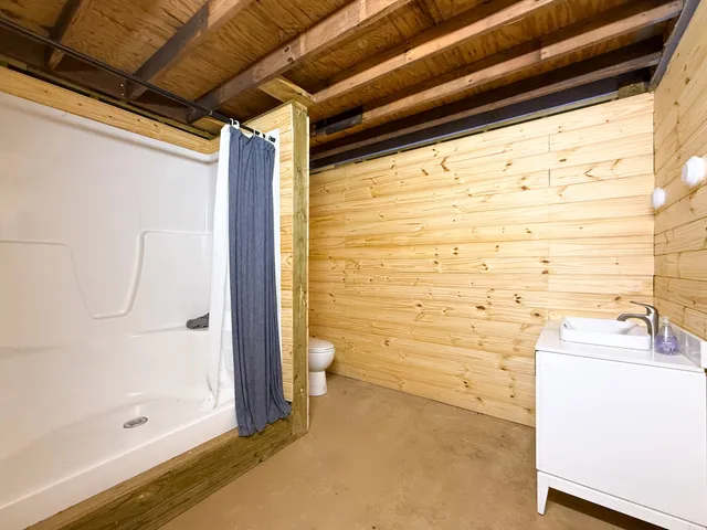 a bathroom with a shower and a sink