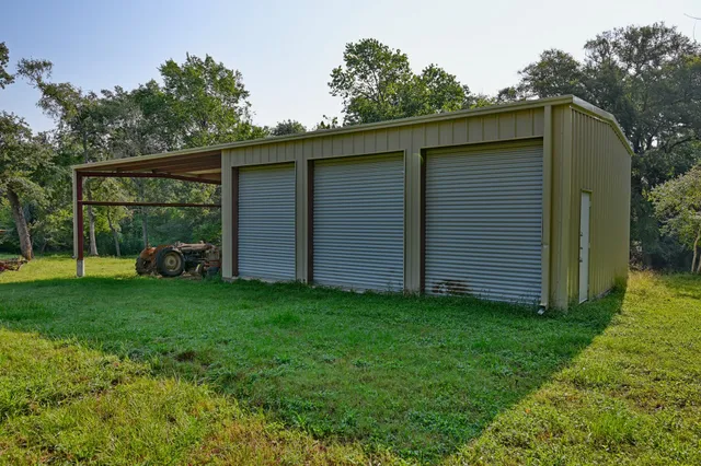 a view of a backyard with potted plants and large tree