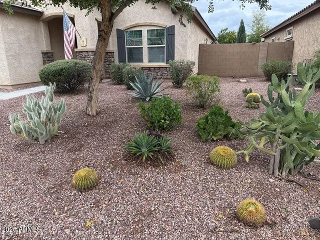 a view of a house with a backyard and plants