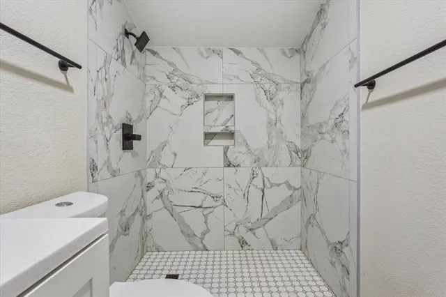 a bathroom with a shower and toilet