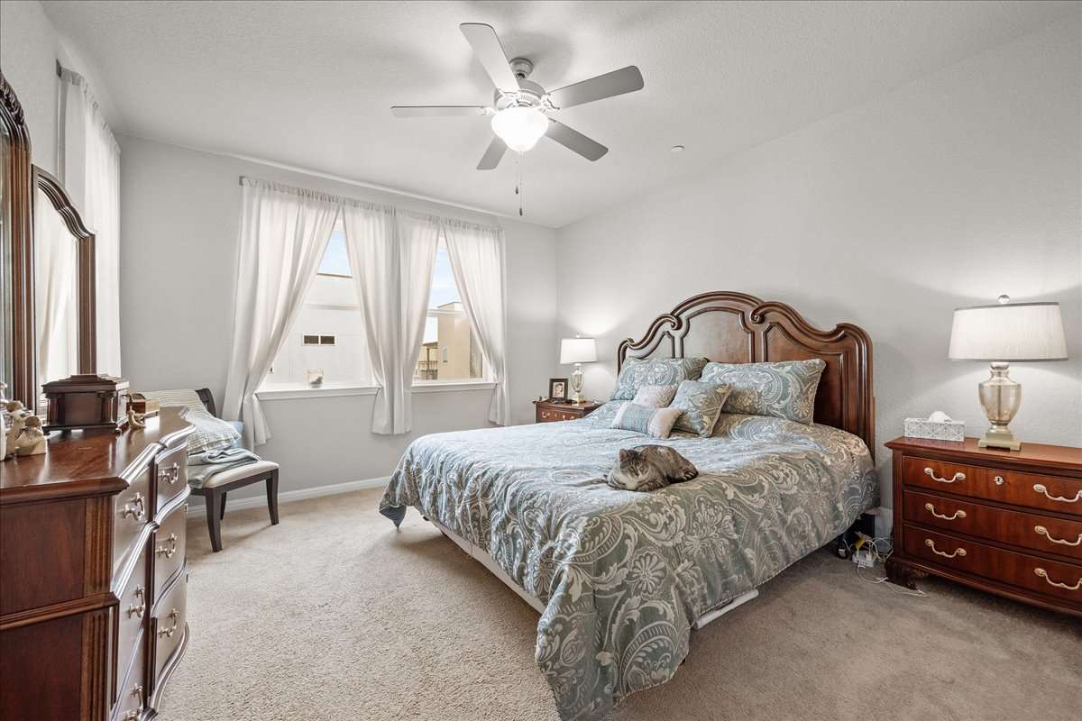 9015 Cattle Baron Path, Unit 1203 Austin, TX 78747 - Photo 12 of 23 Bedroom featuring carpet flooring and a ceiling fan