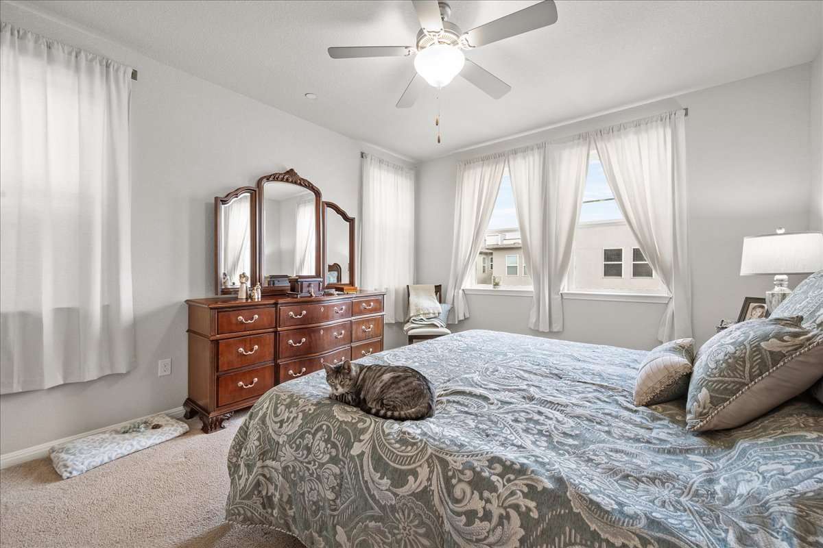 9015 Cattle Baron Path, Unit 1203 Austin, TX 78747 - Photo 13 of 23 Bedroom with carpet flooring and a ceiling fan