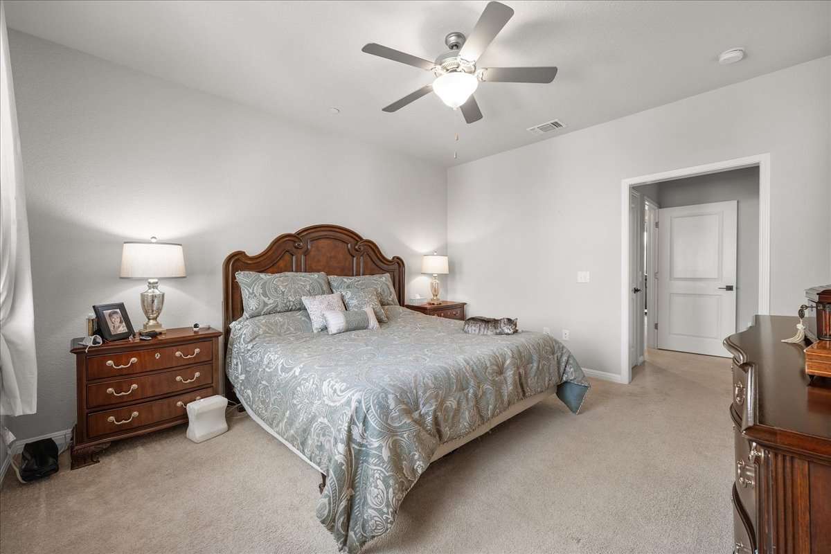 9015 Cattle Baron Path, Unit 1203 Austin, TX 78747 - Photo 14 of 23 Carpeted bedroom with a ceiling fan and baseboards