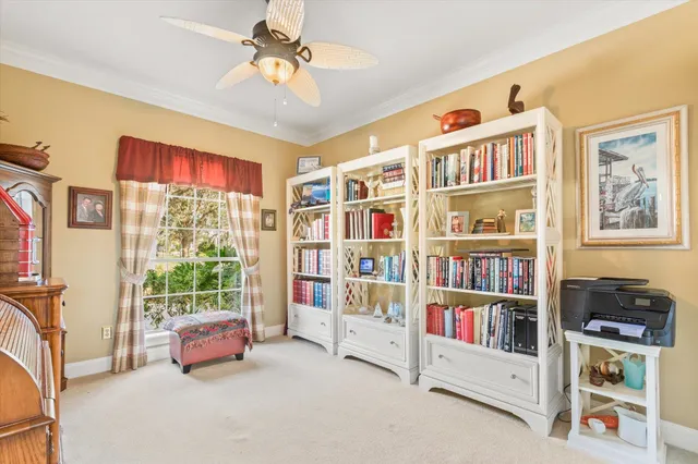 a living room with furniture cabinets and a book shelf