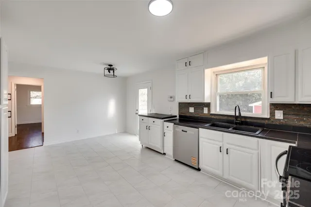 a kitchen with a sink dishwasher and white cabinets