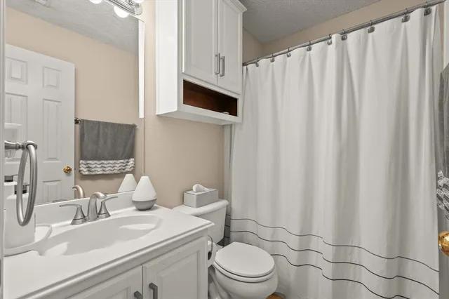 a bathroom with a sink a toilet and shower curtain