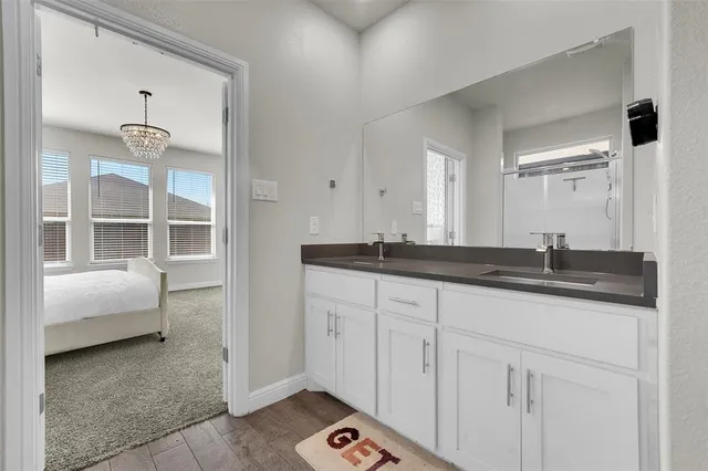 a bathroom with a sink and a mirror