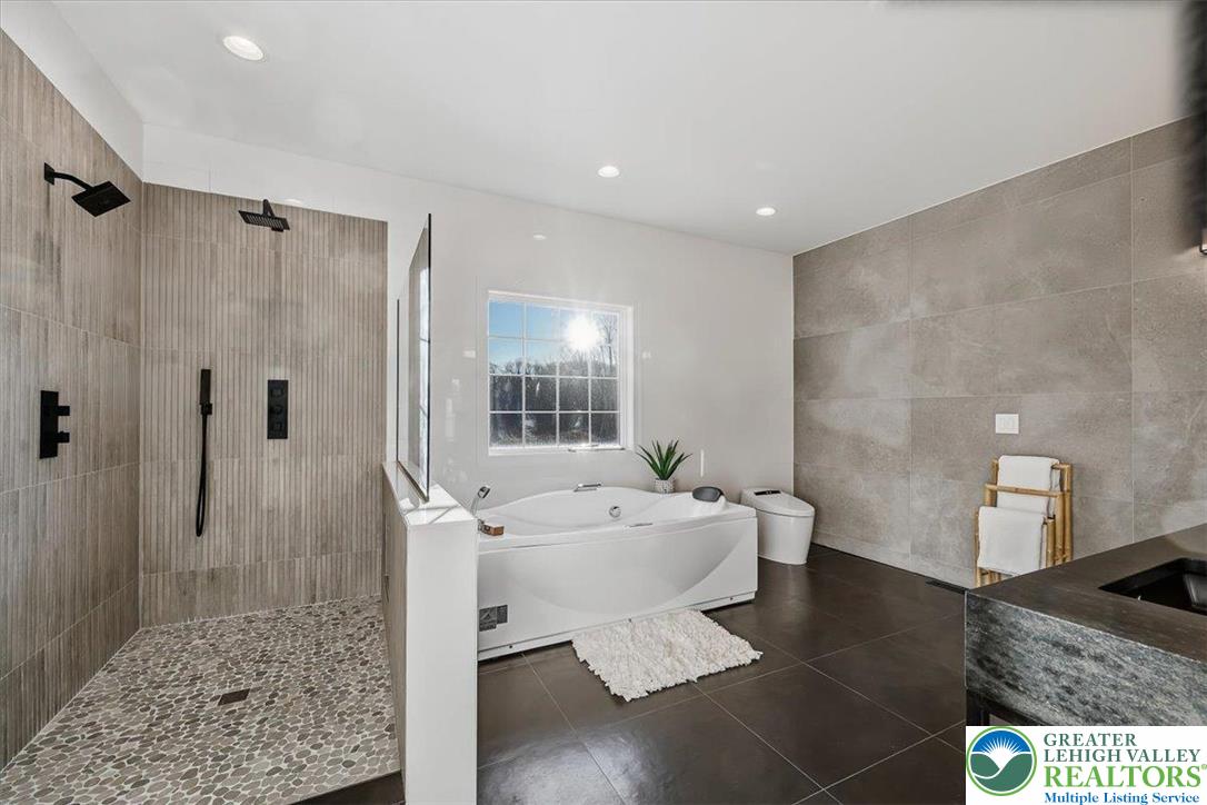 901 Meyer Road Nazareth, PA 18064 - Photo 48 of 80 a spacious bathroom with a granite countertop sink a toilet a mirror and shower