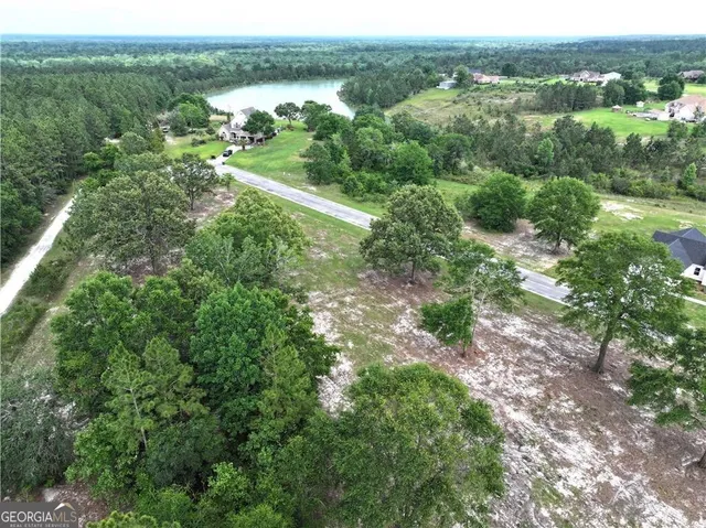an aerial view of residential houses with outdoor space and trees