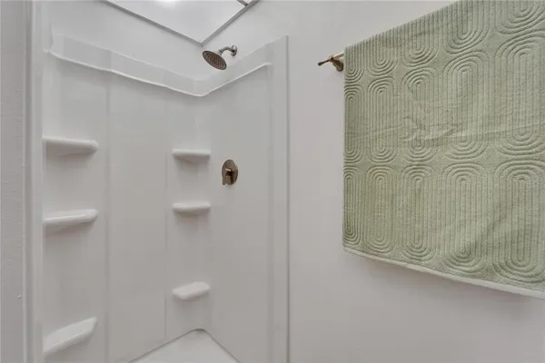 a bathroom with a shower and toilet