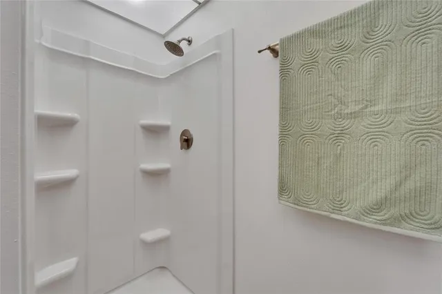 a bathroom with a shower and toilet