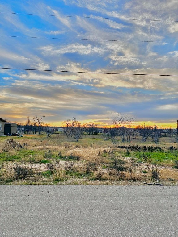 a view of a road with an ocean and trees