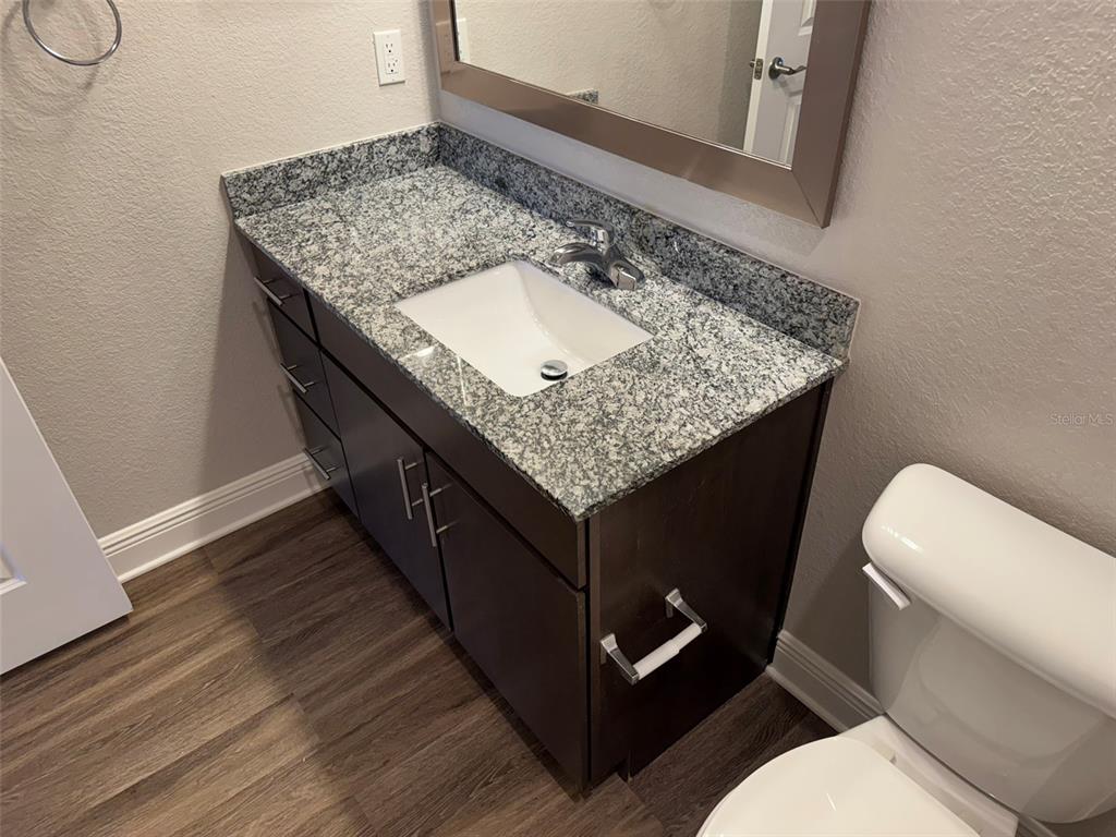 2420 Ann Rou Road, Unit 201 Tavares, FL 32778 - Photo 20 of 25 a bathroom with a granite countertop toilet sink and mirror