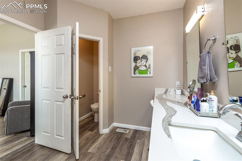 9066 Copenhagen Road Peyton, CO 80831 - Photo 16 of 34 a bathroom with a sink and a mirror