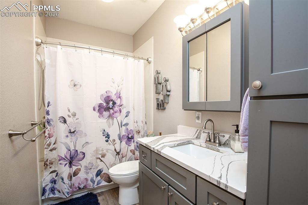 9066 Copenhagen Road Peyton, CO 80831 - Photo 17 of 34 a bathroom with a granite countertop sink a toilet and a mirror