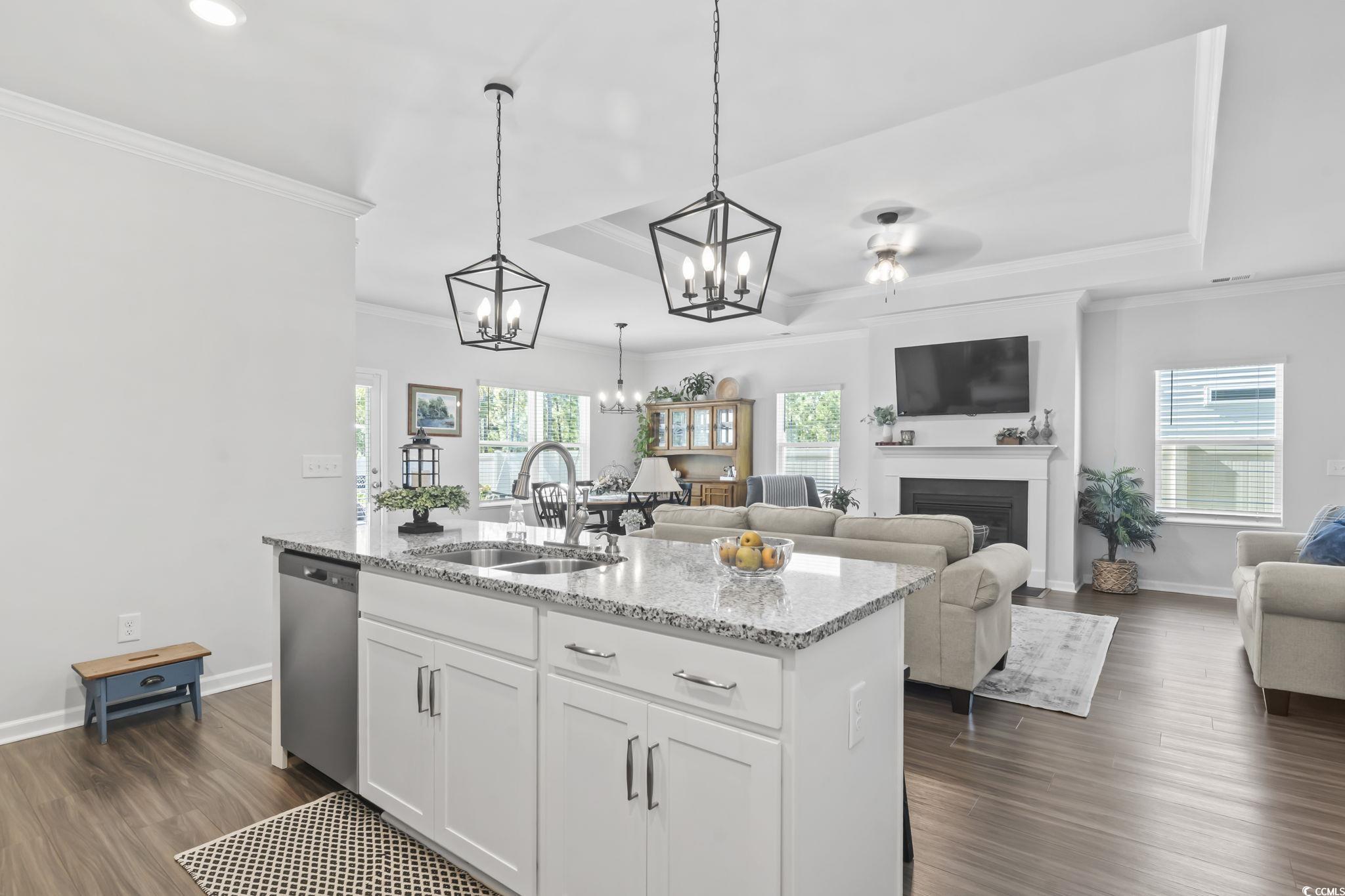 1310 Boswell Court Conway, SC 29526 - Photo 18 of 35 Kitchen featuring light stone counters, a raised ceiling, white cabinetry, ornamental molding, and dark wood finished floors