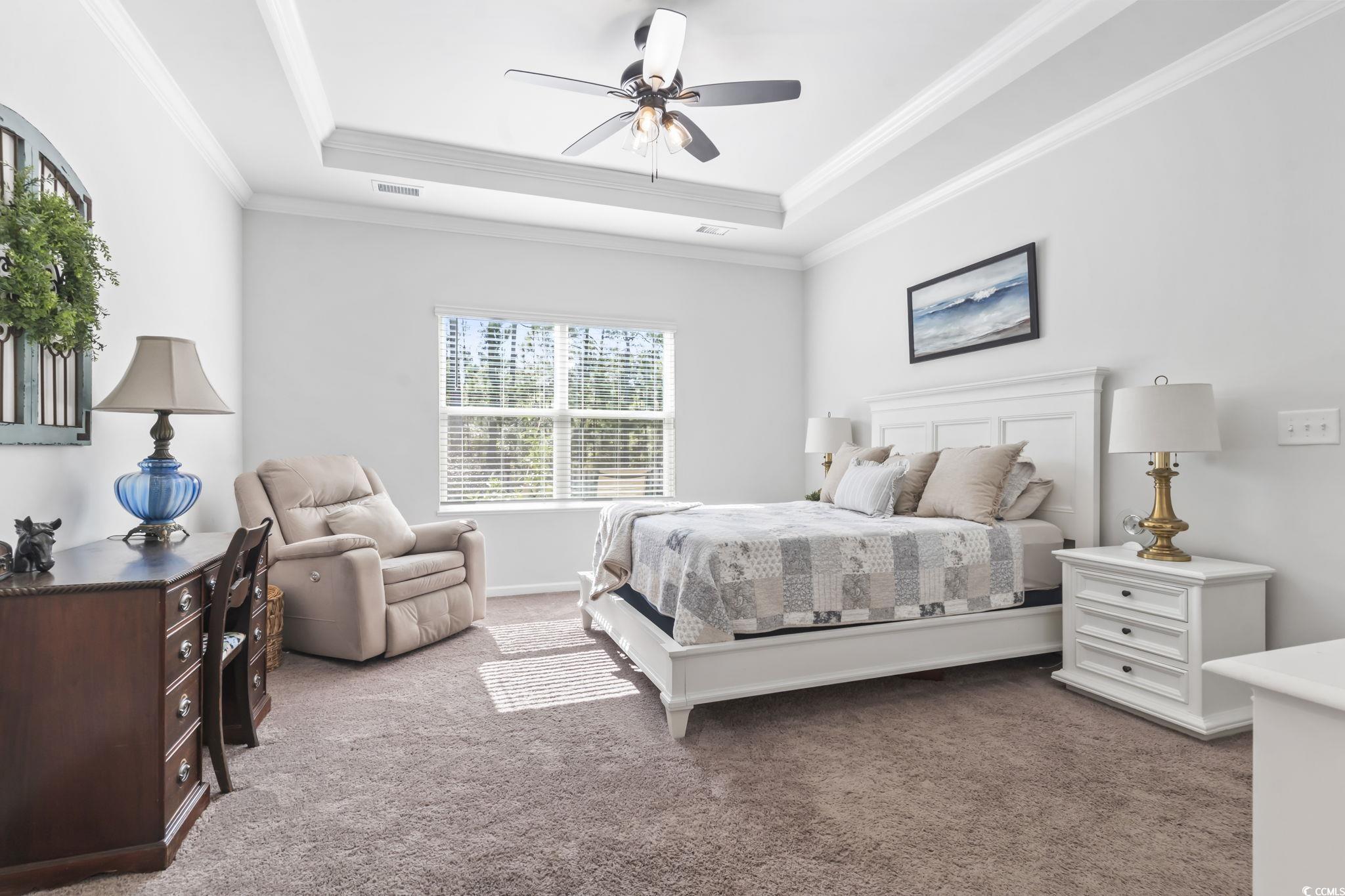 1310 Boswell Court Conway, SC 29526 - Photo 9 of 35 Bedroom with a raised ceiling, carpet, ornamental molding, and ceiling fan