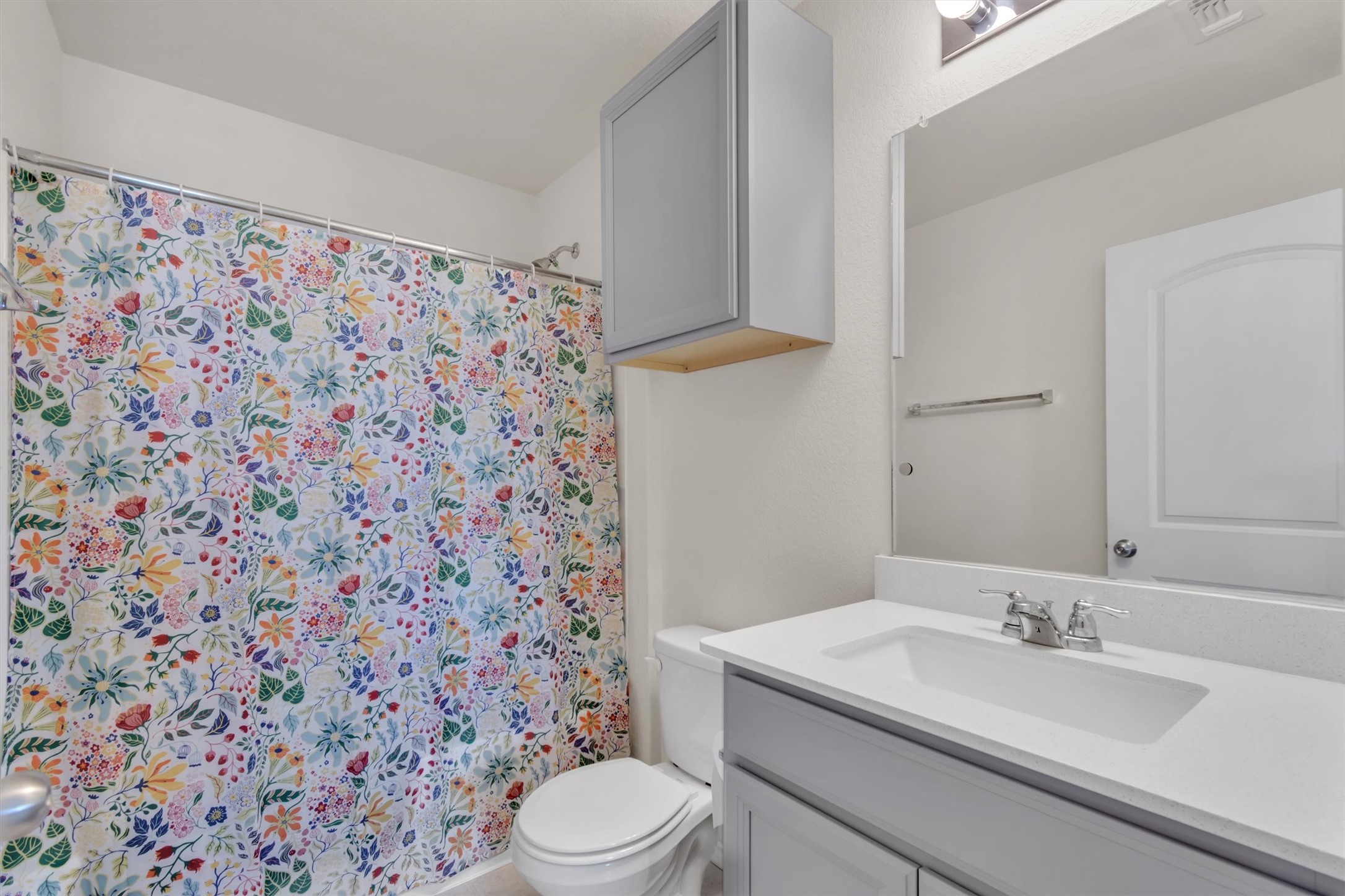 11701 Jackson Falls Way Manor, TX 78653 - Photo 22 of 40 A well-maintained lavatory featuring a vanity, shower curtain, and a wall-mounted storage cabinet.