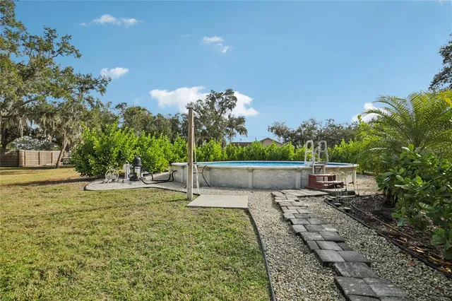 a view of a yard with an tree