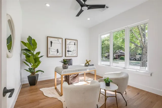 a living room with furniture and a potted plant