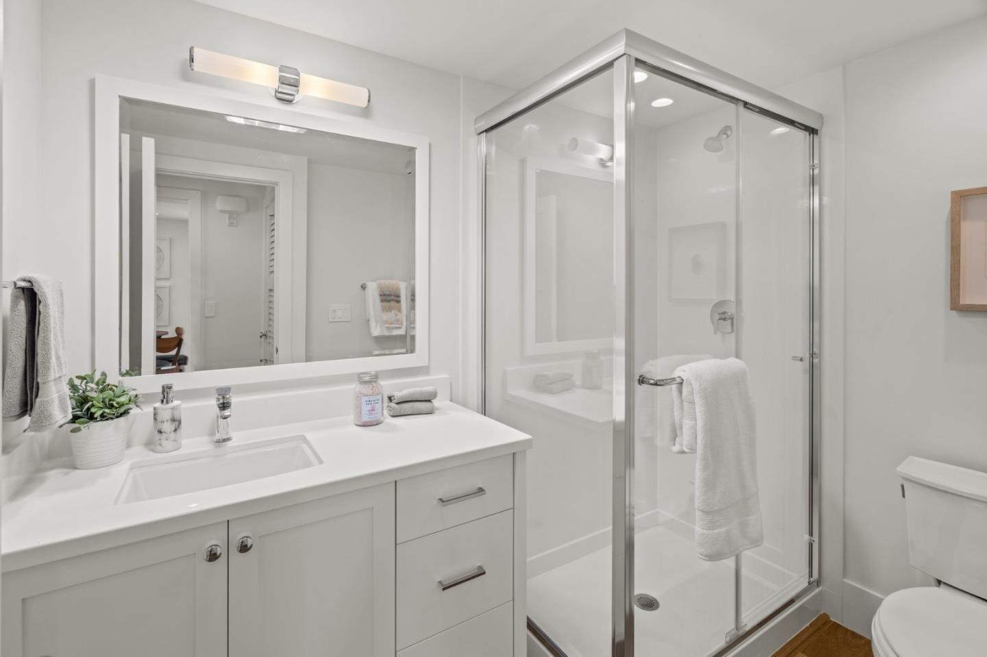 2108 Cully Place San Jose, CA 95124 - Photo 31 of 35 a bathroom with a shower sink vanity and mirror